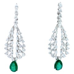 Pear Cut Drop Shape Green Emerald Diamond Feather Luxury 18k White Gold Earrings