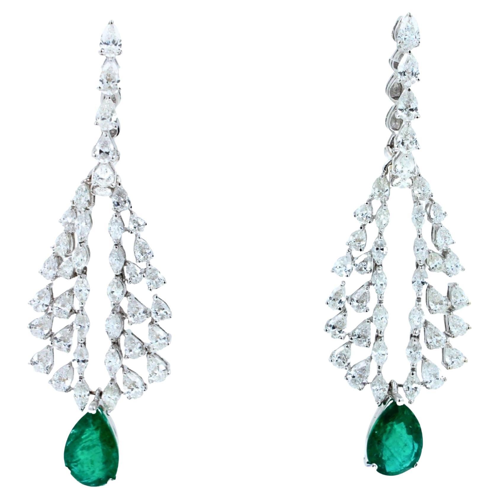 Pear Cut Drop Shape Green Emerald Diamond Feather Luxury 18k White Gold Earrings