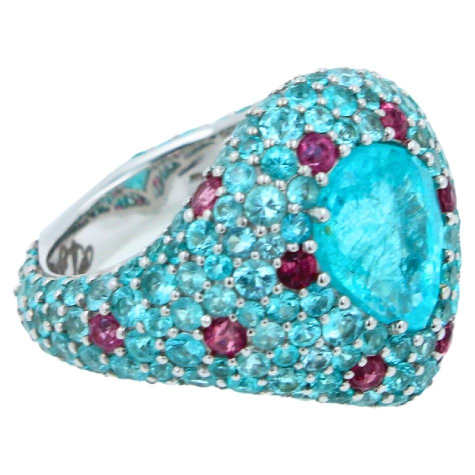 Pear Cut Drop Shape Teal Blue Paraiba Tourmaline Pave 18k White Gold Unique Ring For Sale 5