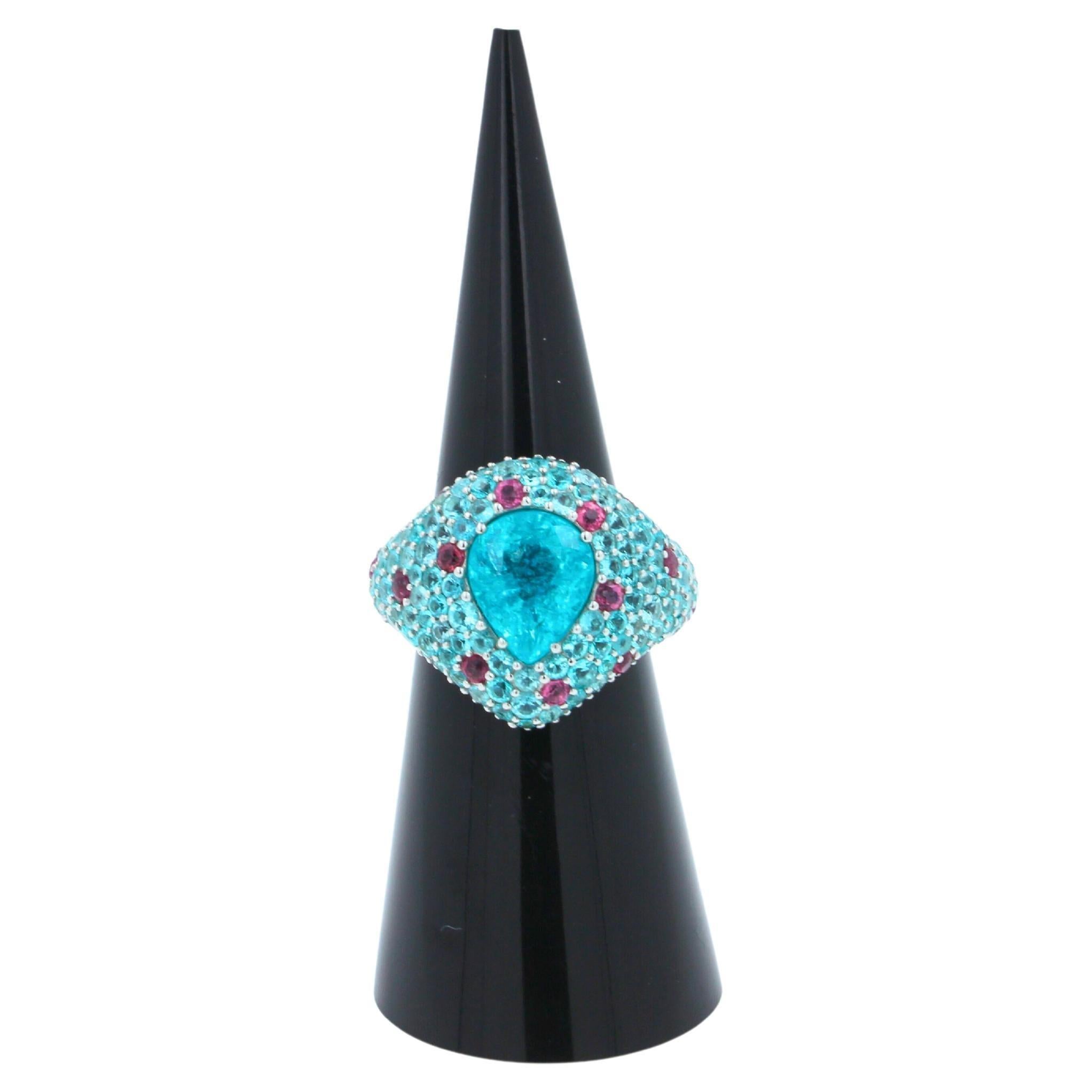 Pear Cut Drop Shape Teal Blue Paraiba Tourmaline Pave 18k White Gold Unique Ring For Sale 7