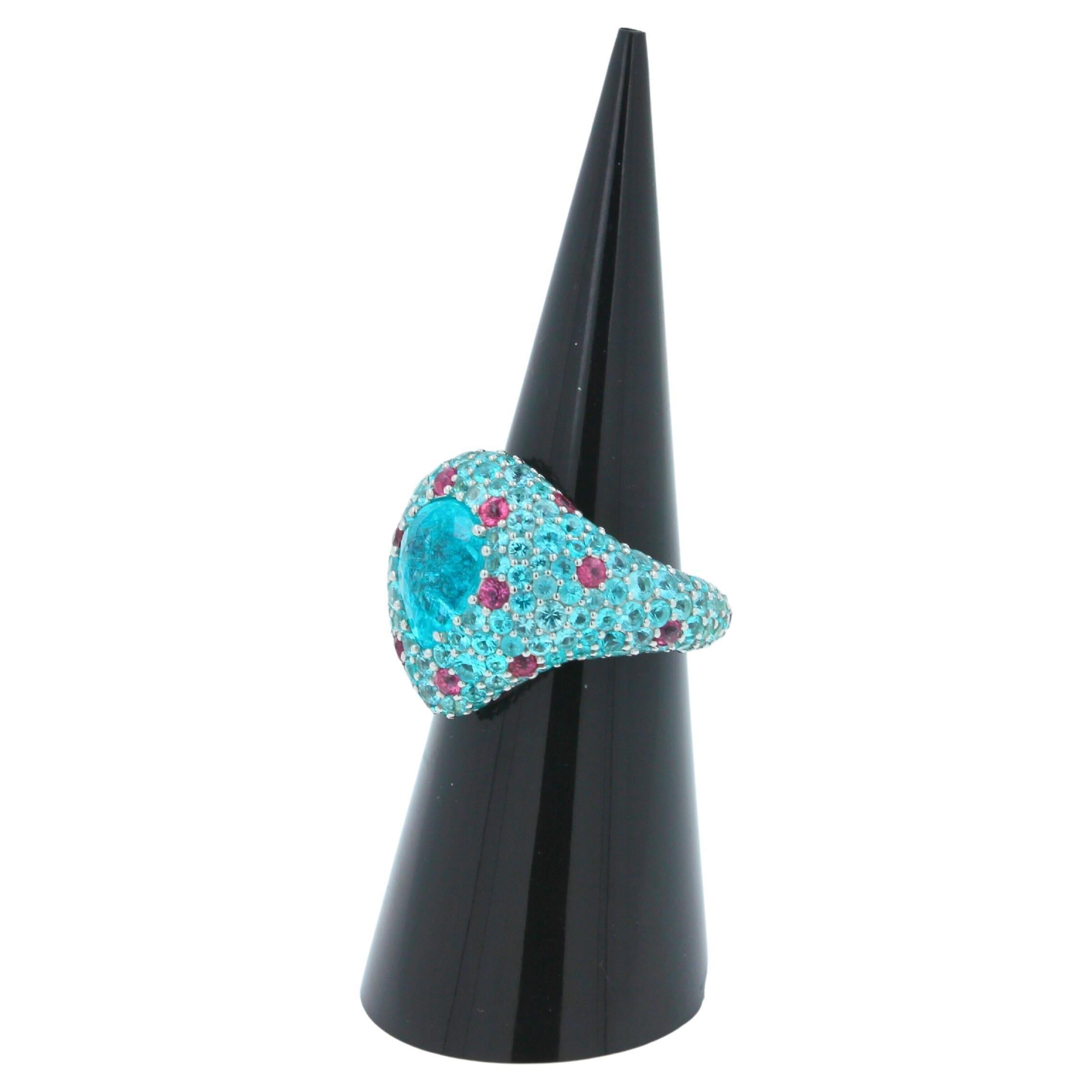 Pear Cut Drop Shape Teal Blue Paraiba Tourmaline Pave 18k White Gold Unique Ring For Sale 8
