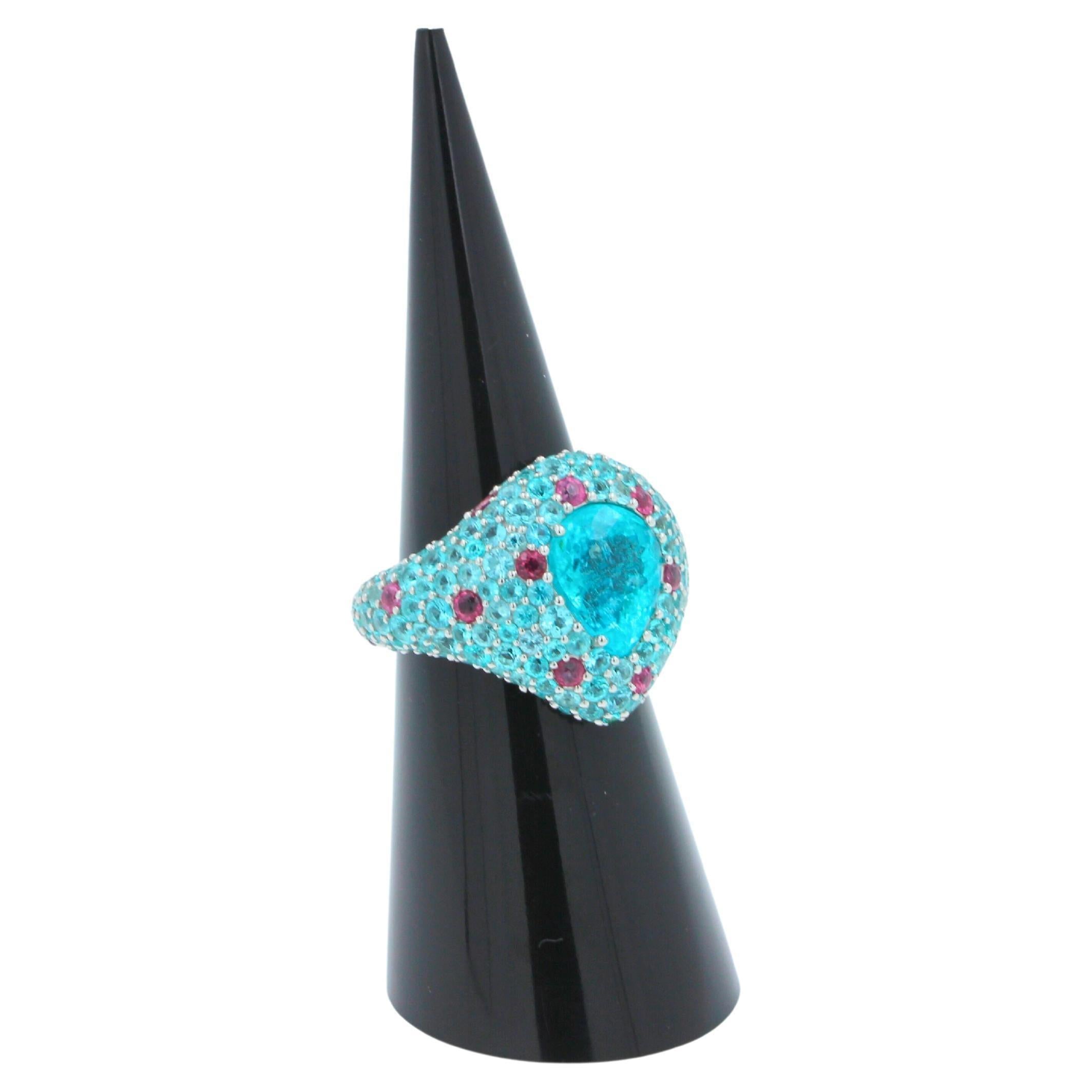 Pear Cut Drop Shape Teal Blue Paraiba Tourmaline Pave 18k White Gold Unique Ring For Sale 9