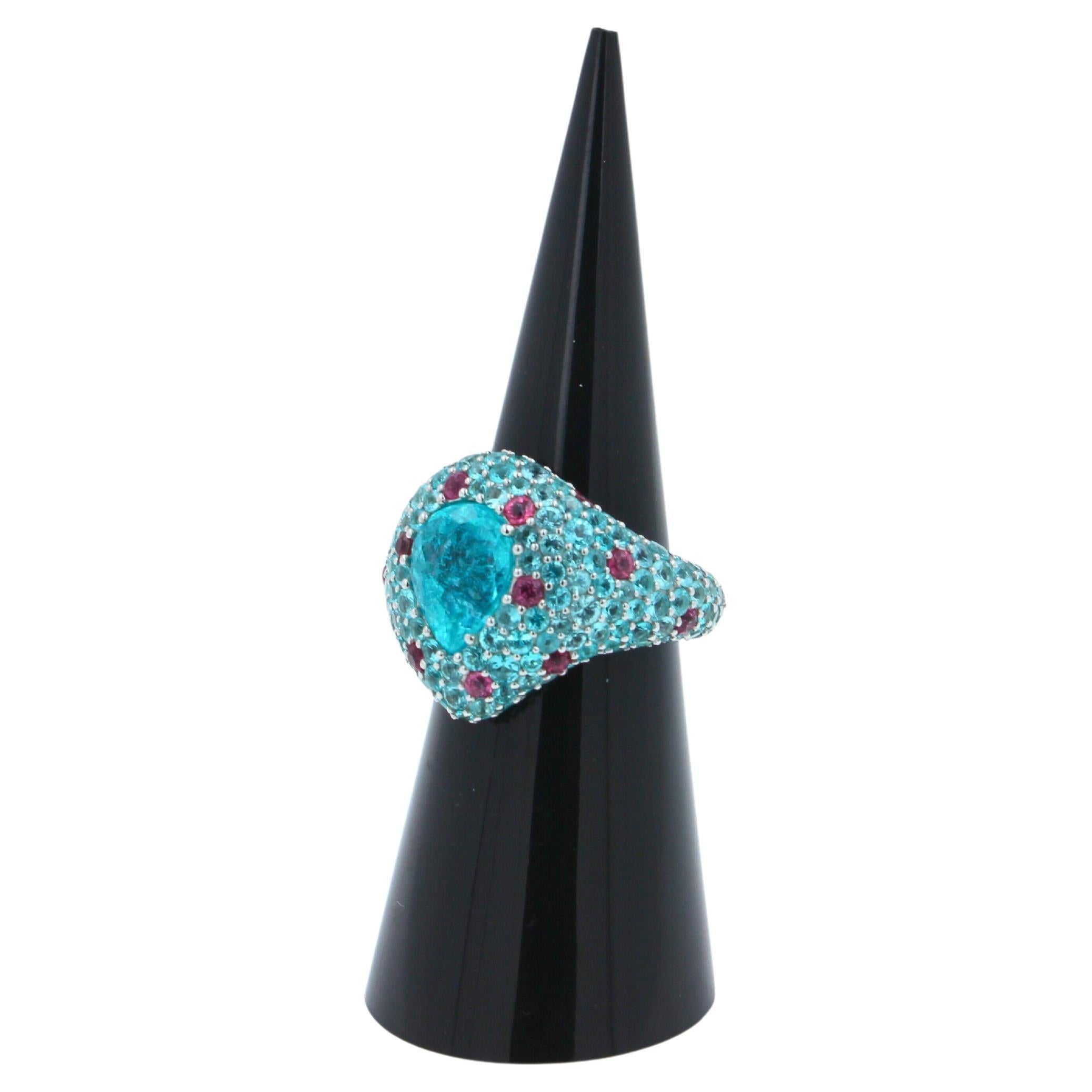 Pear Cut Drop Shape Teal Blue Paraiba Tourmaline Pave 18k White Gold Unique Ring For Sale 10