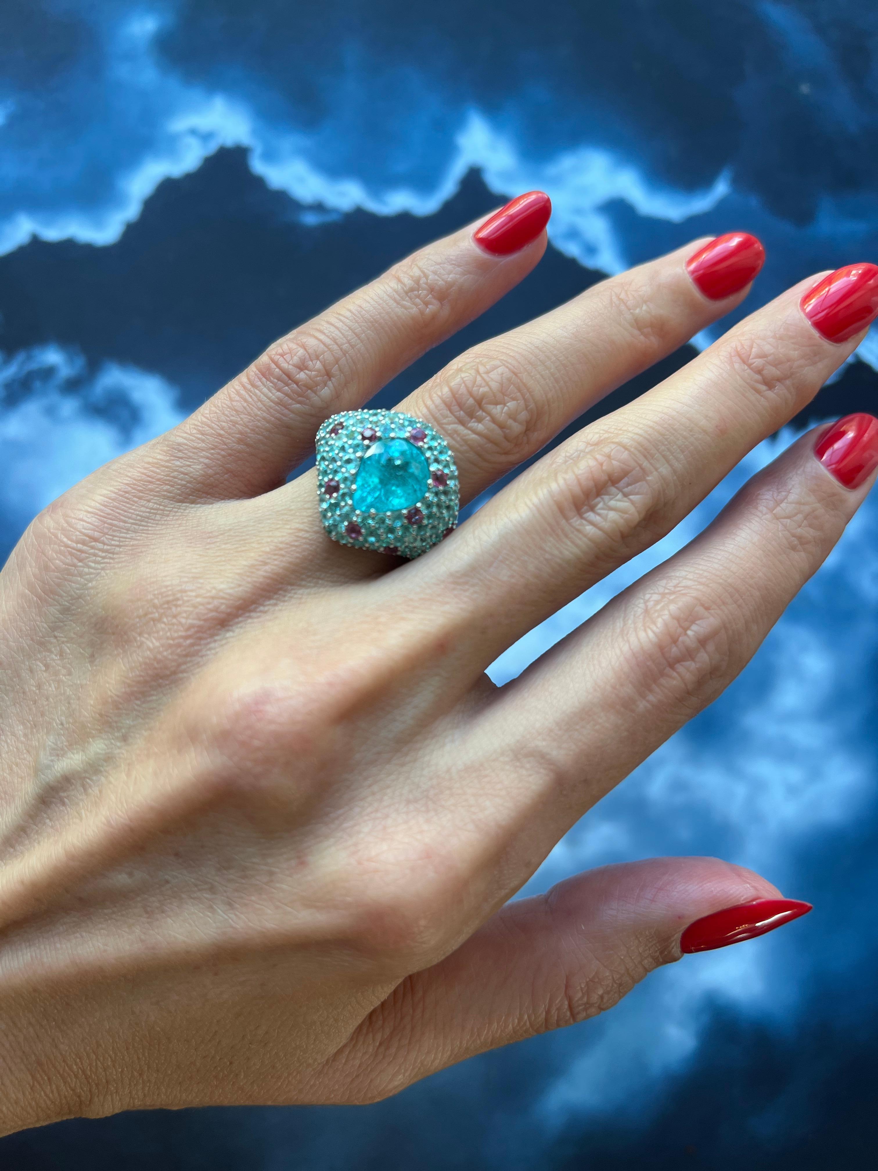 Pear Cut Drop Shape Teal Blue Paraiba Tourmaline Pave 18k White Gold Unique Ring For Sale 11