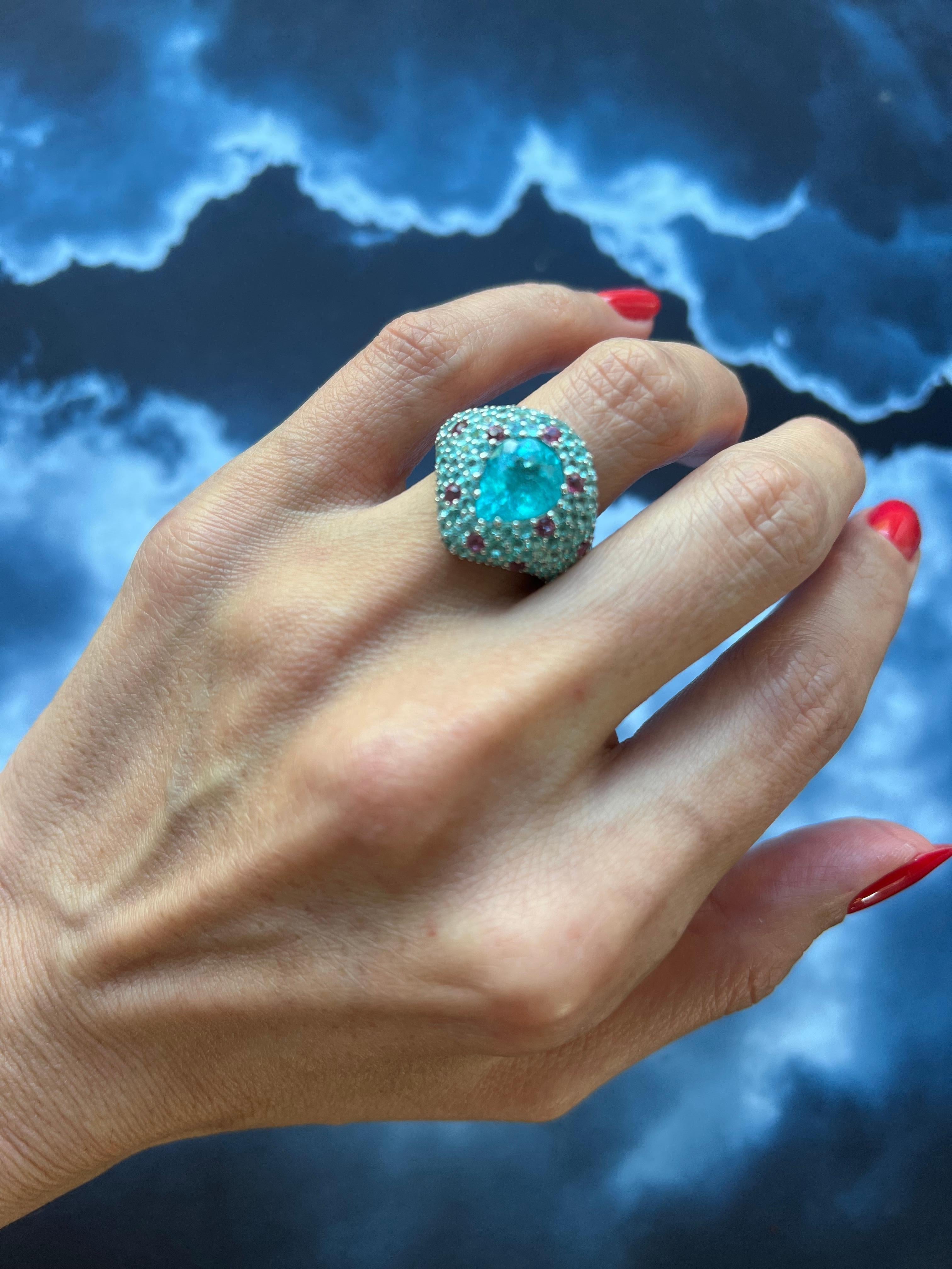 Pear Cut Drop Shape Teal Blue Paraiba Tourmaline Pave 18k White Gold Unique Ring For Sale 12