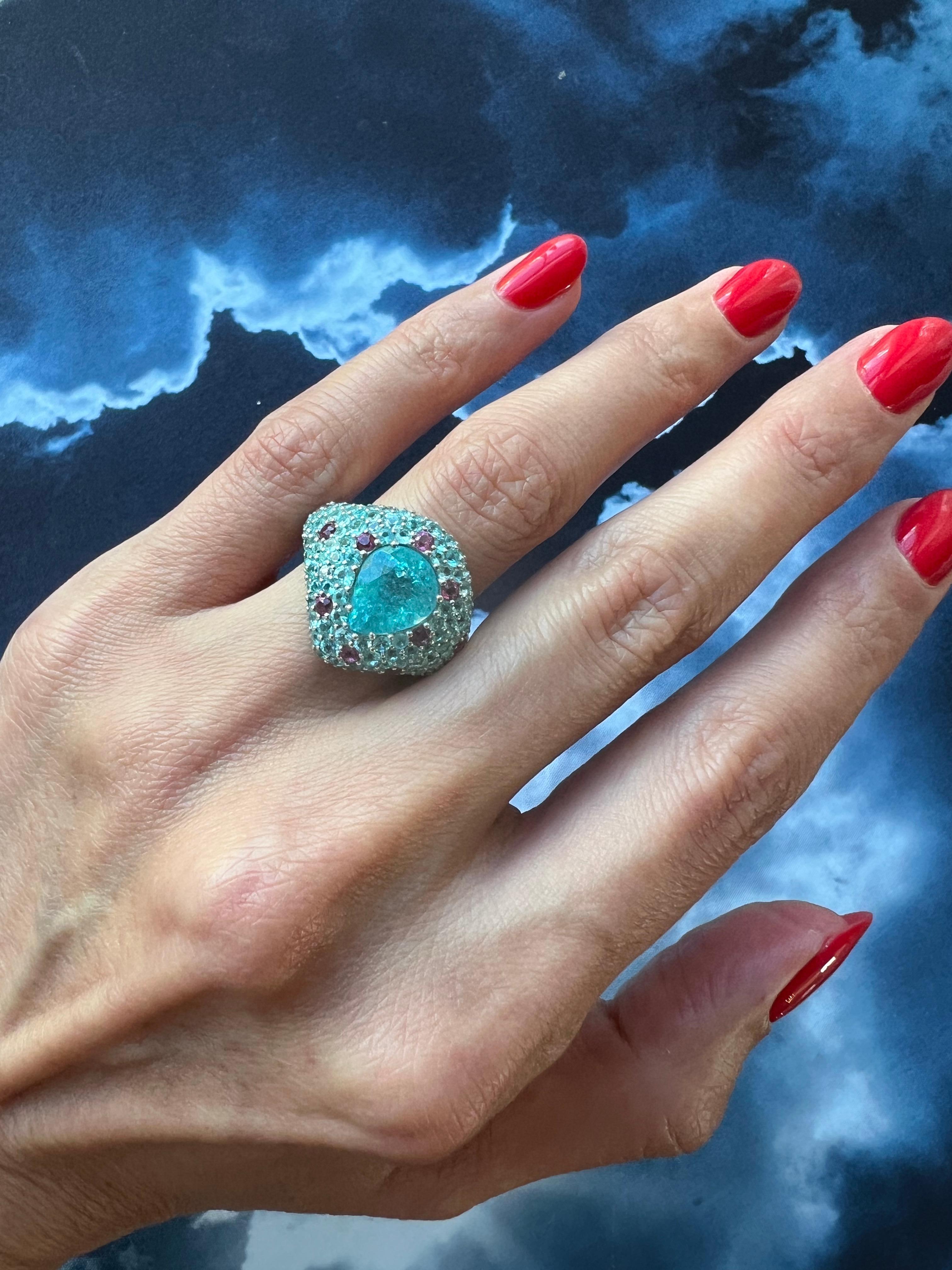 Pear Cut Drop Shape Teal Blue Paraiba Tourmaline Pave 18k White Gold Unique Ring For Sale 13