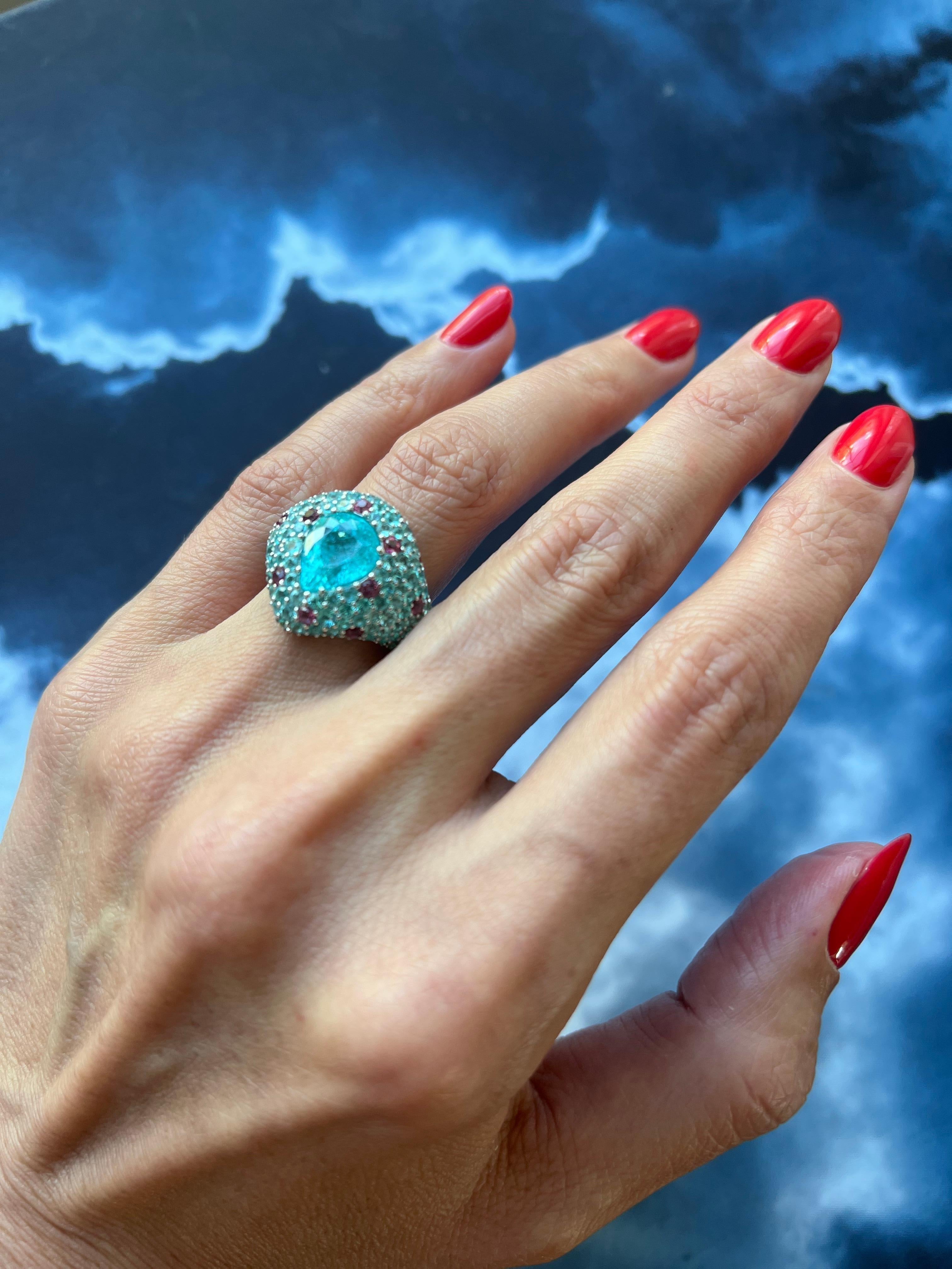 Pear Cut Drop Shape Teal Blue Paraiba Tourmaline Pave 18k White Gold Unique Ring For Sale 14