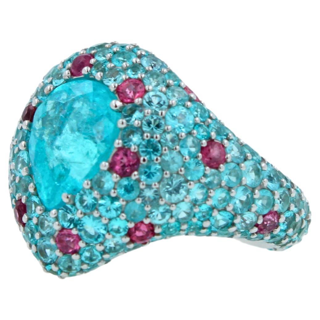 Pear Cut Drop Shape Teal Blue Paraiba Tourmaline Pave 18k White Gold Unique Ring For Sale 3