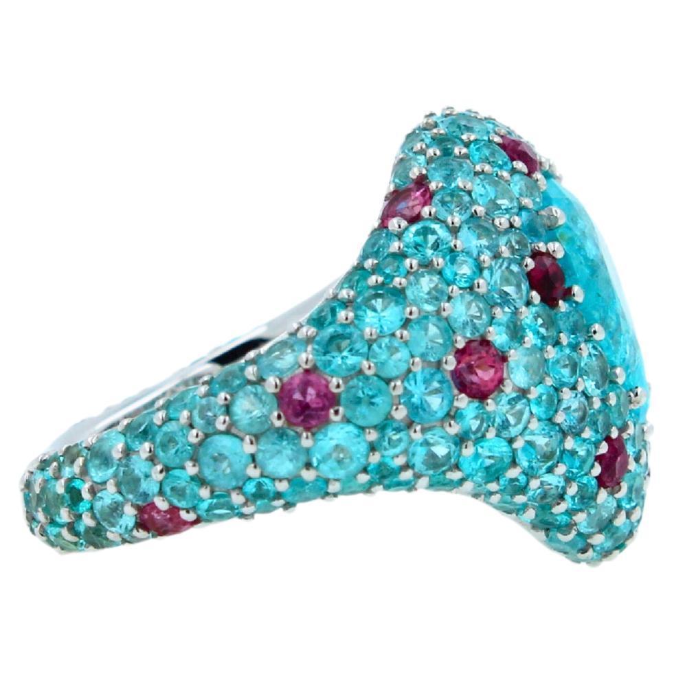 Pear Cut Drop Shape Teal Blue Paraiba Tourmaline Pave 18k White Gold Unique Ring For Sale 4