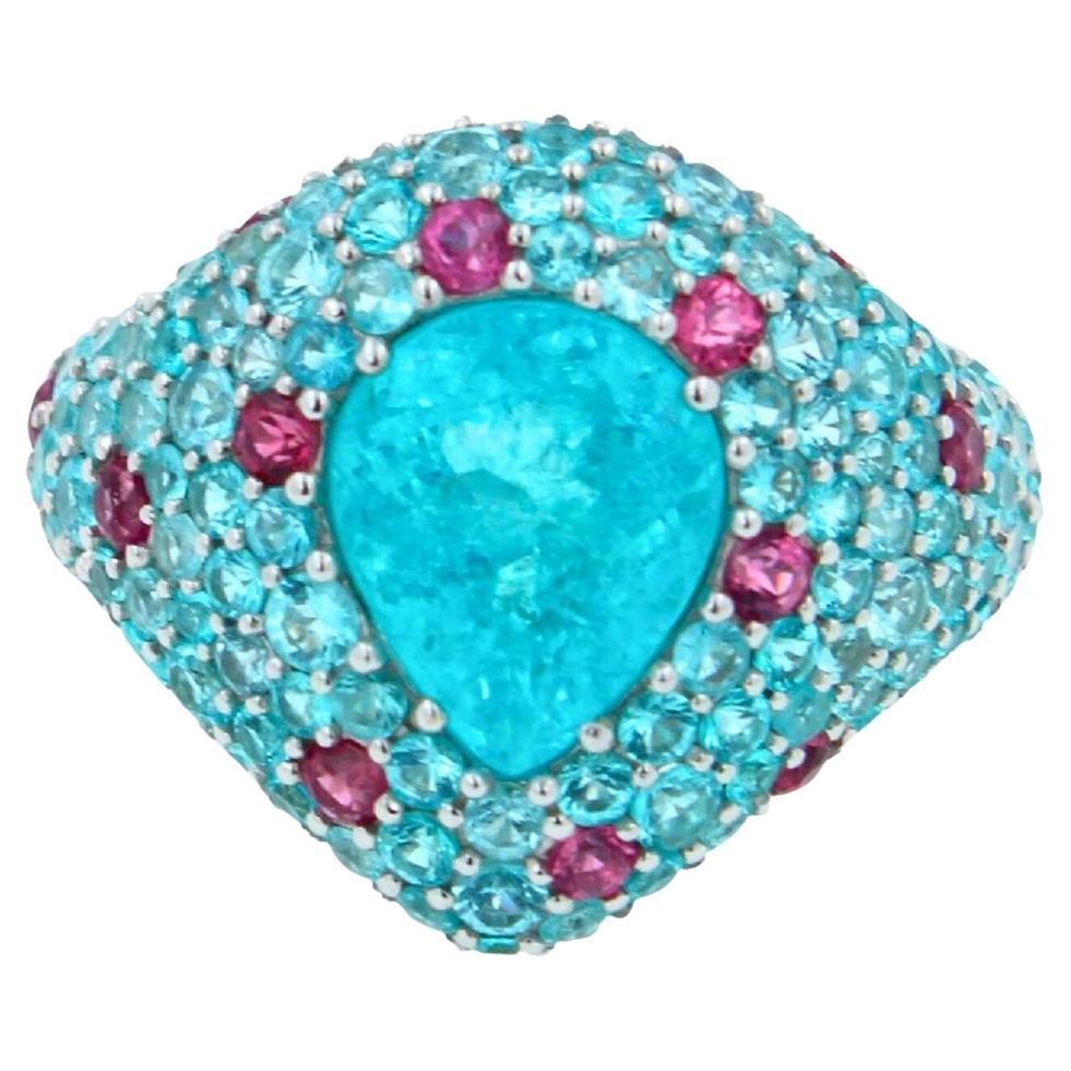 Pear Cut Drop Shape Teal Blue Paraiba Tourmaline Pave 18k White Gold Unique Ring For Sale