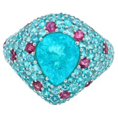 Bague unique en or blanc 18 carats avec tourmaline Paraiba bleu sarcelle taille poire pavé