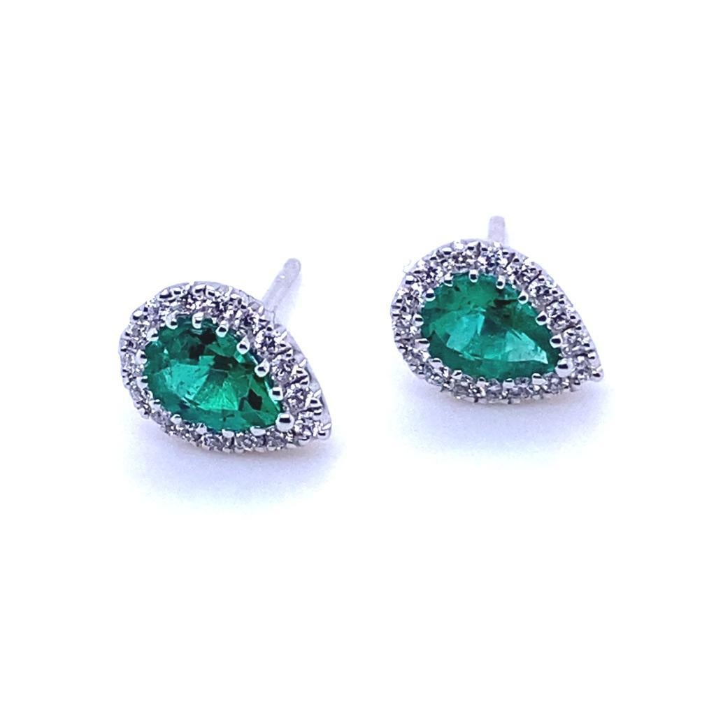Modern Pear Cut Emerald and Diamond Cluster Earrings 18 Karat White Gold For Sale