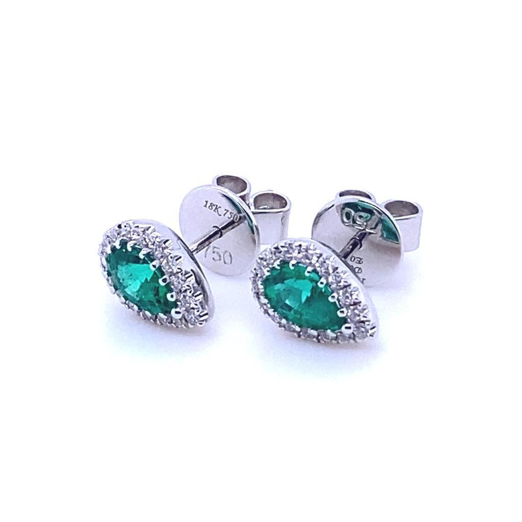 Women's Pear Cut Emerald and Diamond Cluster Earrings 18 Karat White Gold For Sale