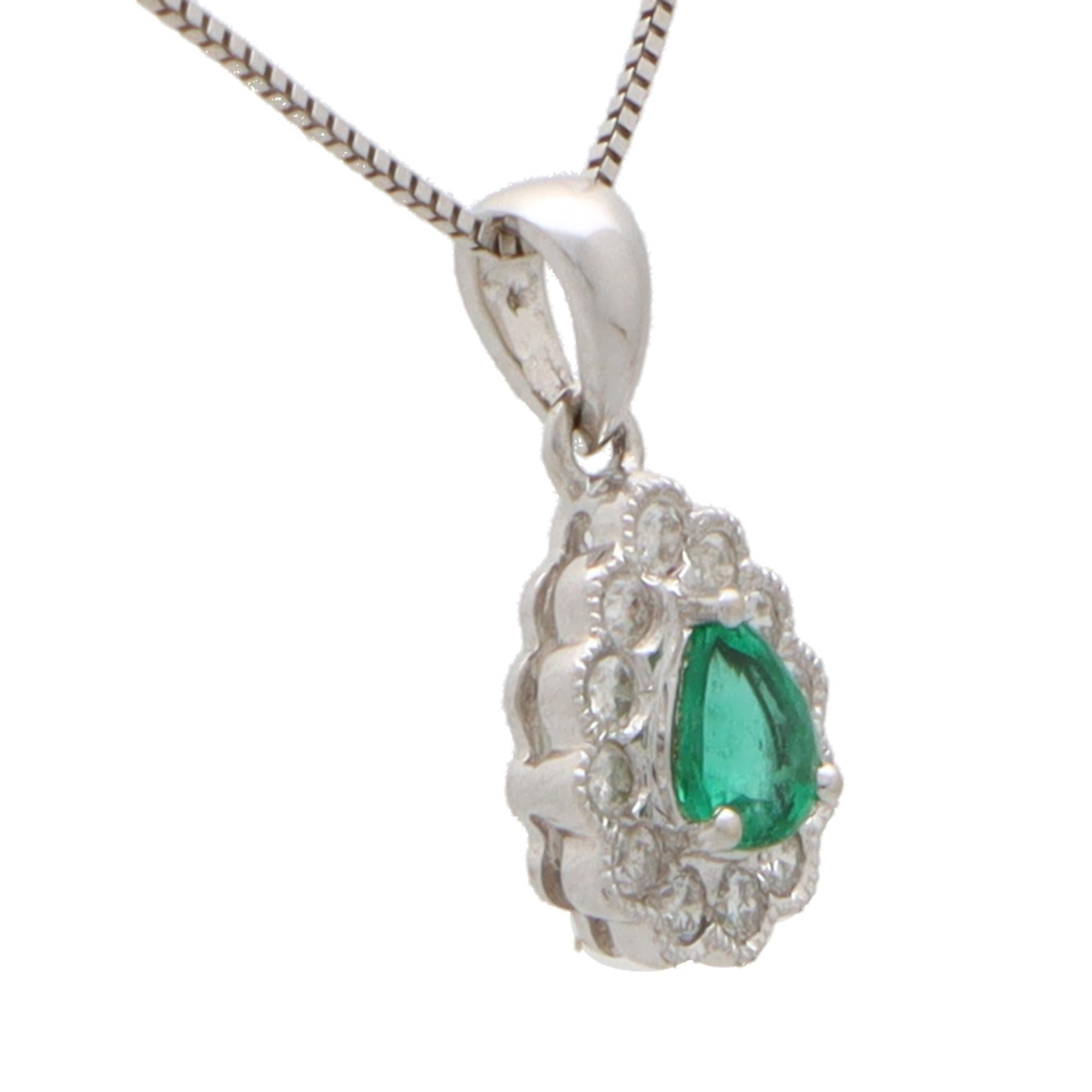 Emerald Cut Pear Cut Emerald and Diamond Cluster Necklace Set in 18k White Gold For Sale