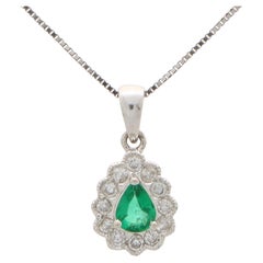 Pear Cut Emerald and Diamond Cluster Necklace Set in 18k White Gold