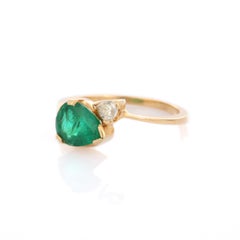 Toi Et Moi Ring Pear Cut Emerald and Diamond Ring in 18K Yellow Gold