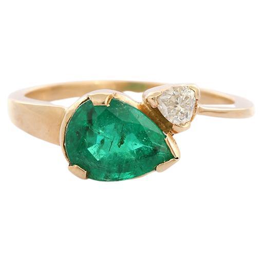For Sale:  Toi Et Moi Ring Pear Cut Emerald and Diamond Ring in 18K Yellow Gold