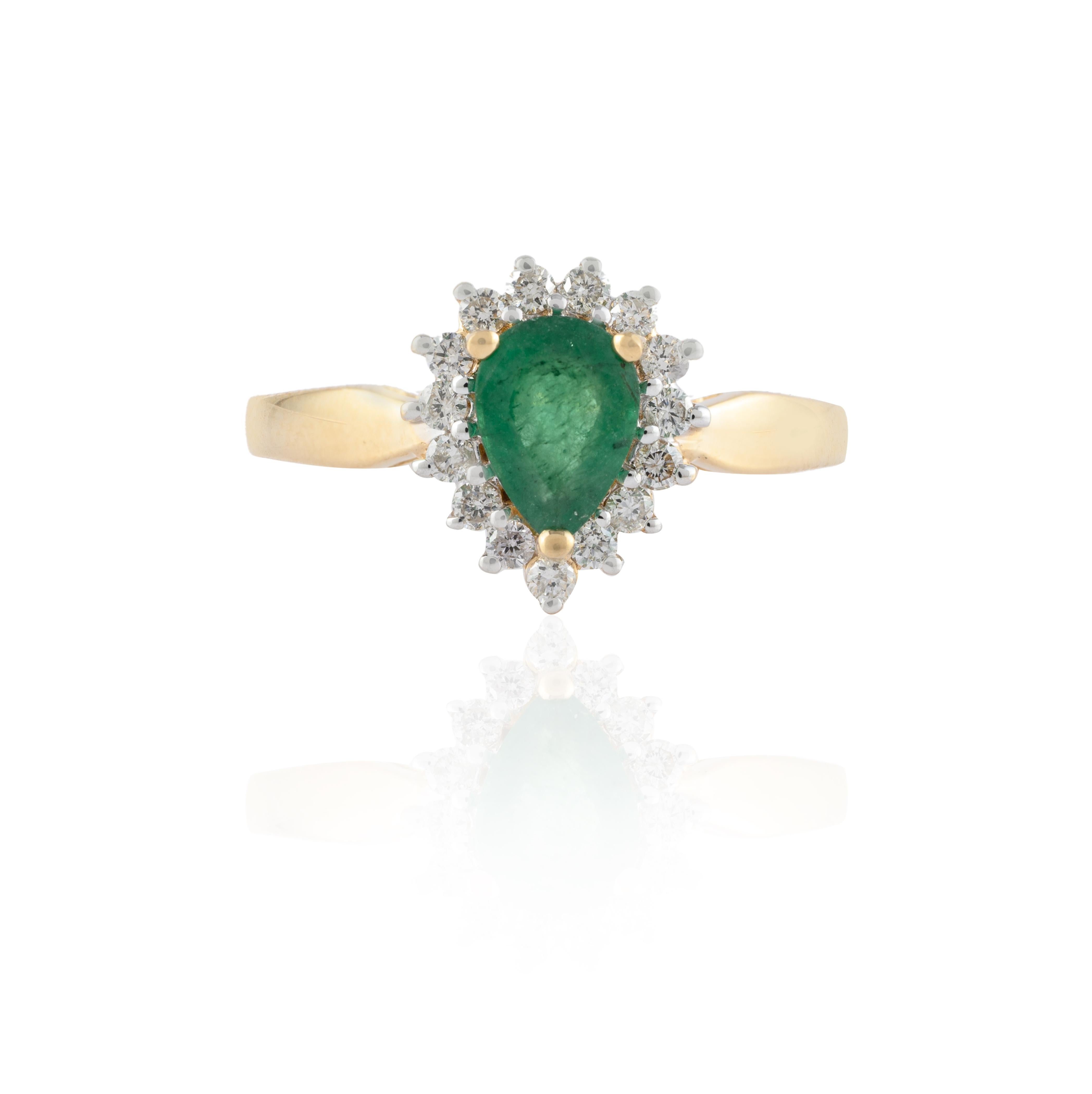 For Sale:  Pear Cut Emerald and Halo Diamond Wedding Ring Crafted in 14k Solid Yellow Gold 2