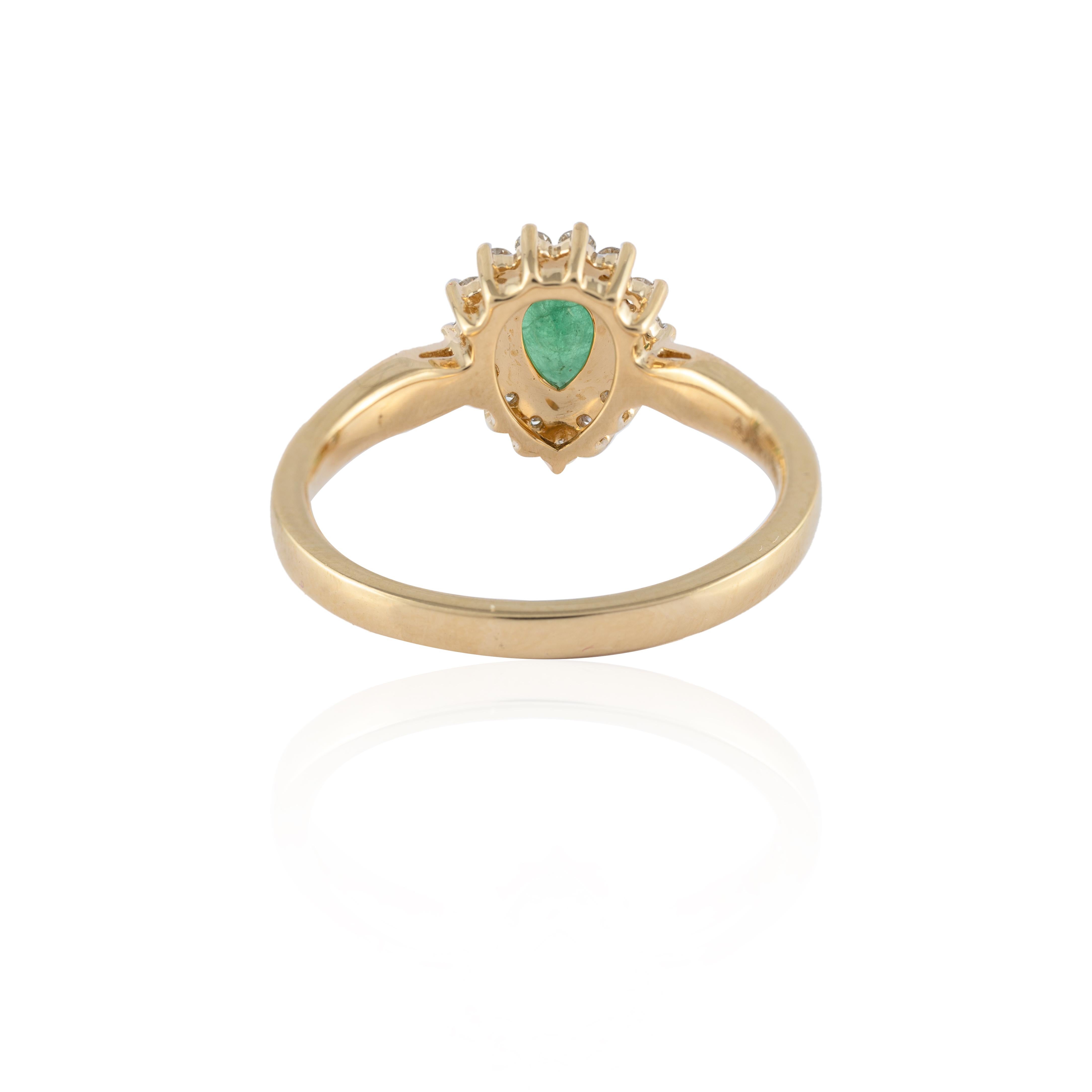 For Sale:  Pear Cut Emerald and Halo Diamond Wedding Ring Crafted in 14k Solid Yellow Gold 4
