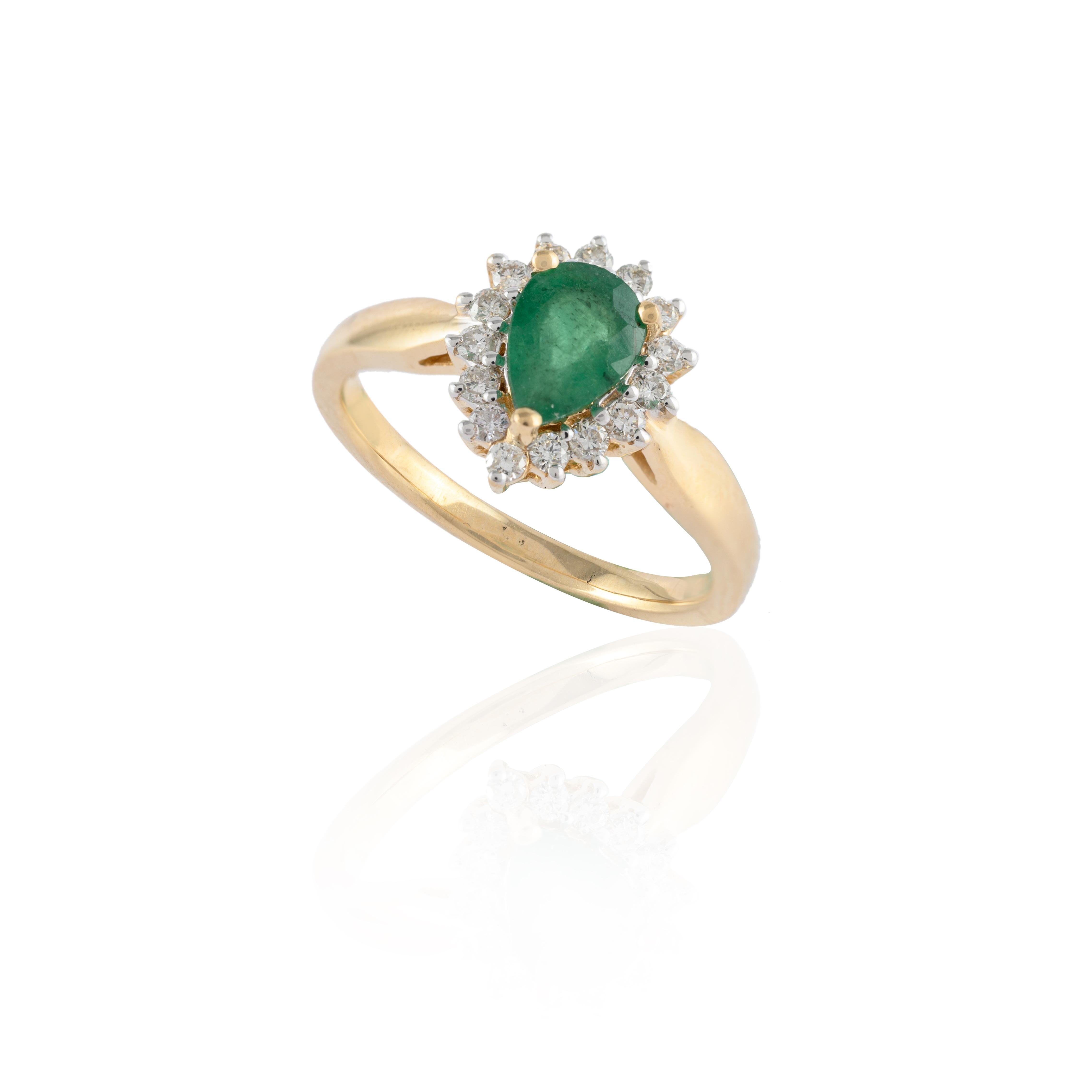 For Sale:  Pear Cut Emerald and Halo Diamond Wedding Ring Crafted in 14k Solid Yellow Gold 5
