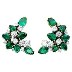 Pear Cut Emerald and Round Brilliant Diamond Cluster Earrings in 18 Karat Gold