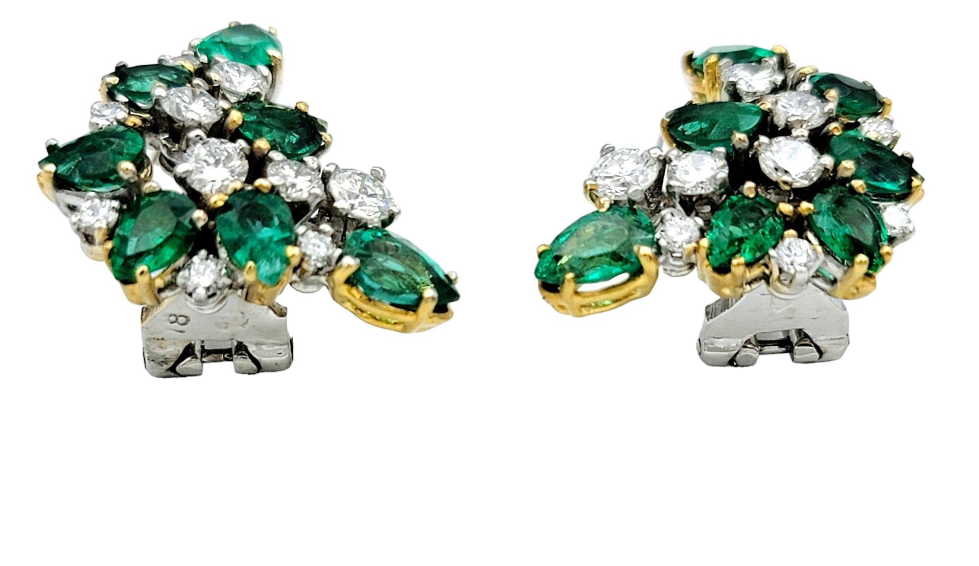 Contemporary Pear Cut Emerald and Round Brilliant Diamond Cluster Earrings in 18 Karat Gold For Sale