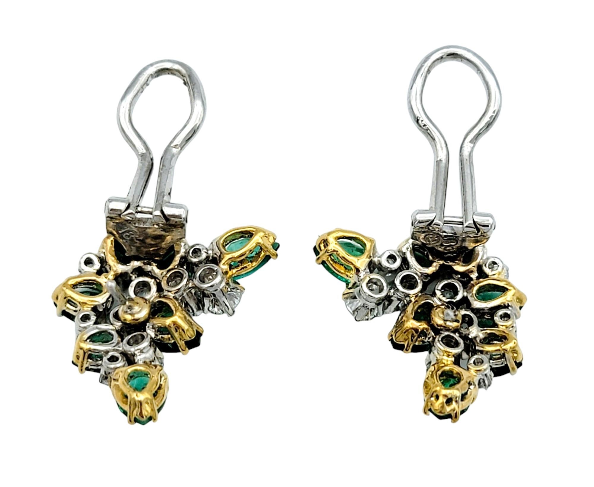 Women's Pear Cut Emerald and Round Brilliant Diamond Cluster Earrings in 18 Karat Gold For Sale