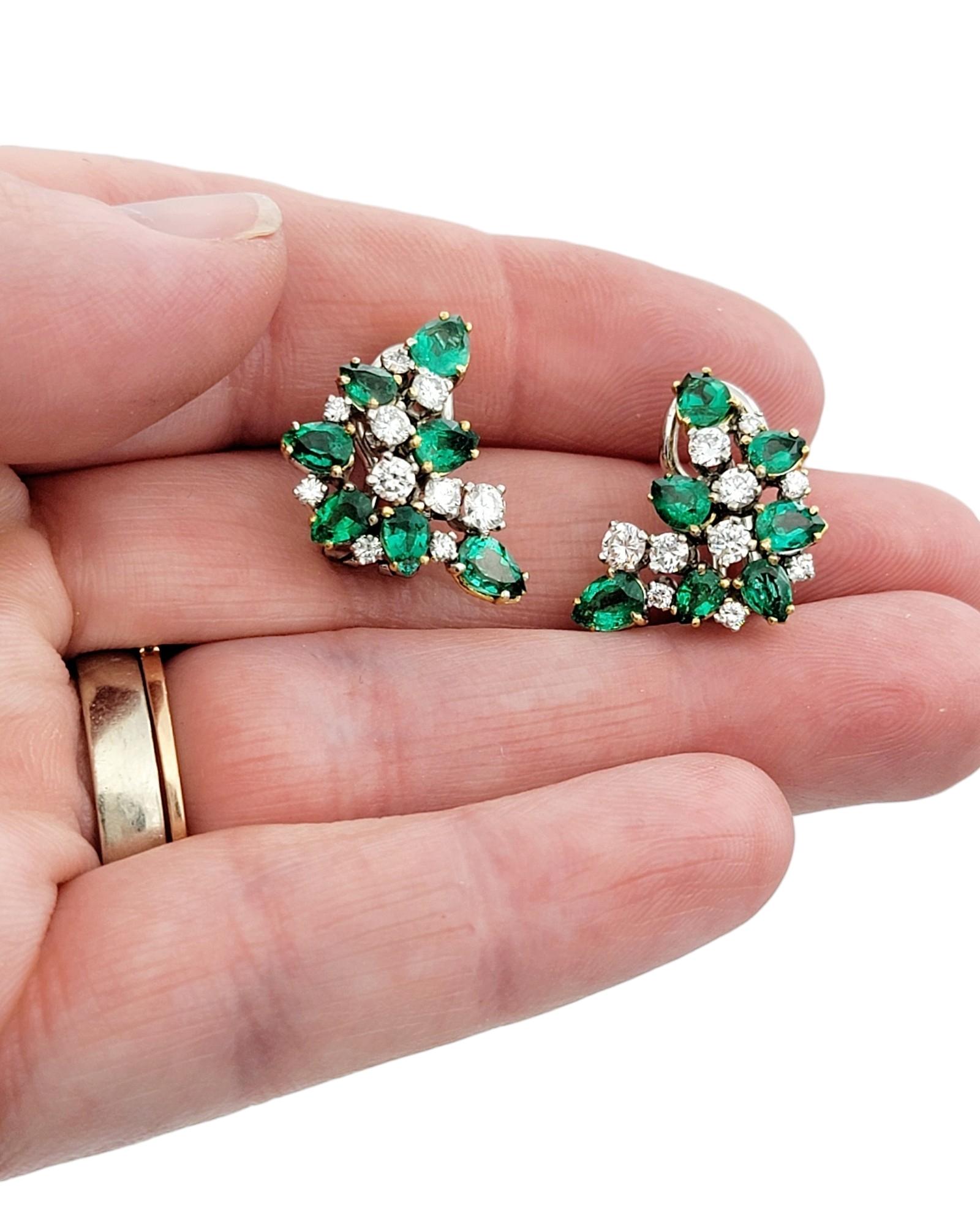 Pear Cut Emerald and Round Brilliant Diamond Cluster Earrings in 18 Karat Gold For Sale 2