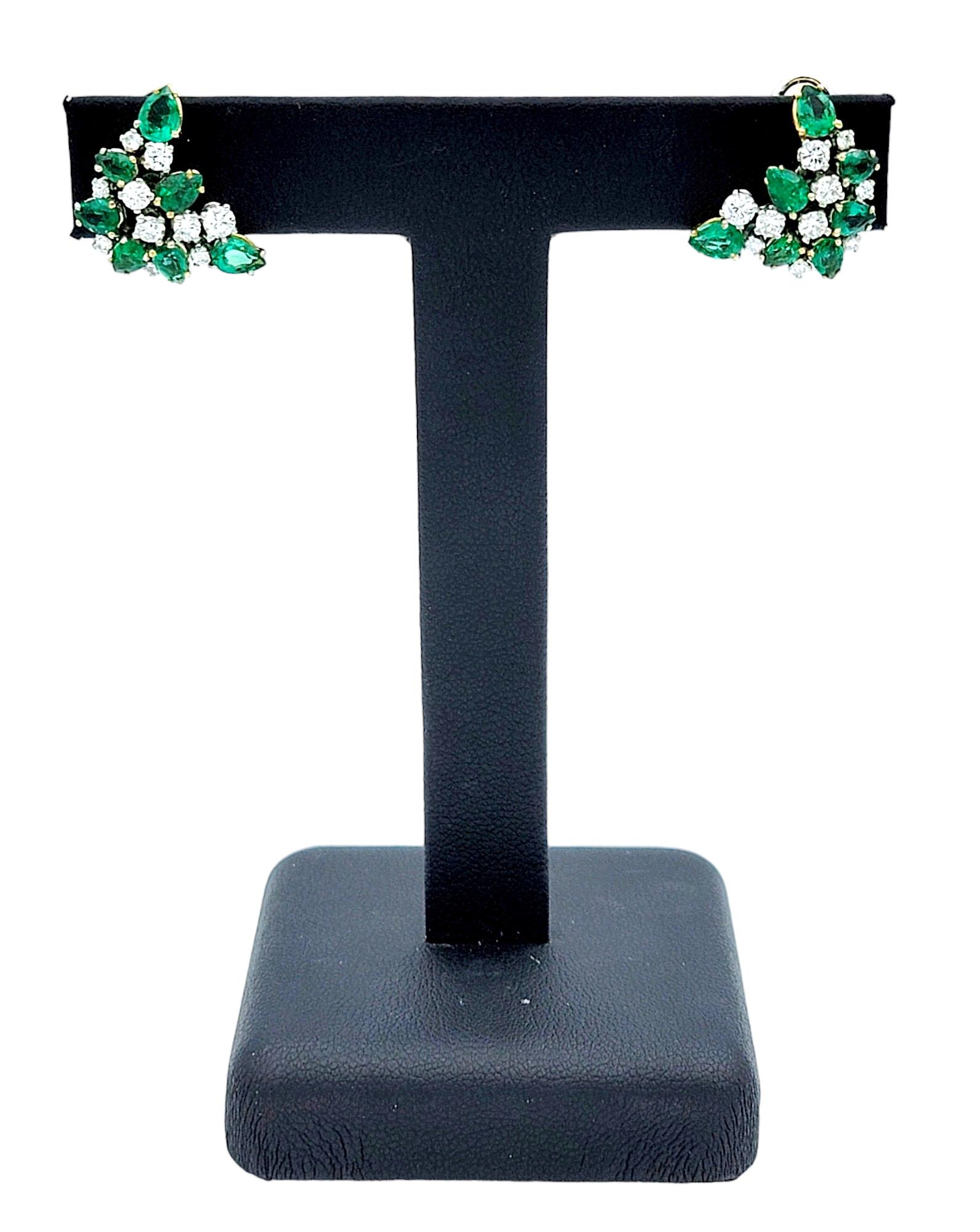 Pear Cut Emerald and Round Brilliant Diamond Cluster Earrings in 18 Karat Gold For Sale 3
