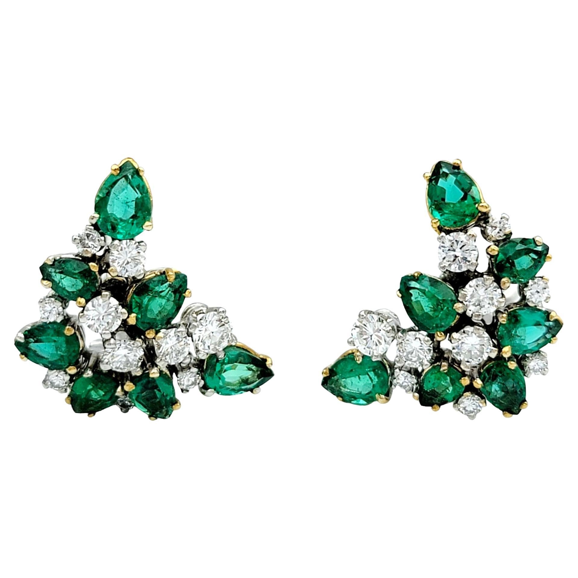 Pear Cut Emerald and Round Brilliant Diamond Cluster Earrings in 18 Karat Gold For Sale