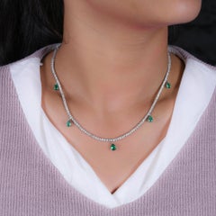 Pear Cut Emerald Charm Diamond Chain Necklace 14 Karat White Gold Fine Jewelry