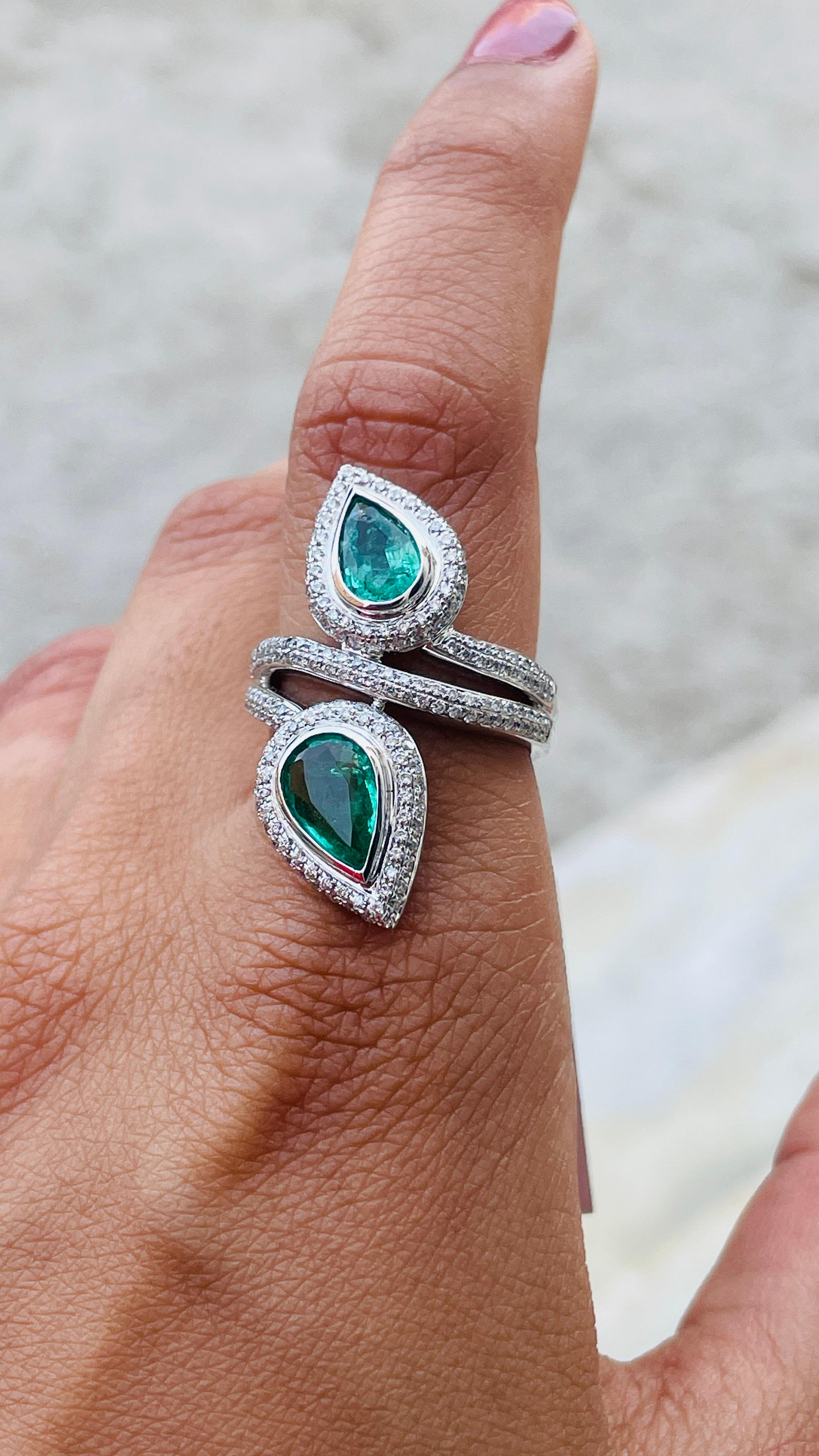 For Sale:  Pear Cut Emerald Cocktail Ring with Diamonds in 14K Solid White Gold 6