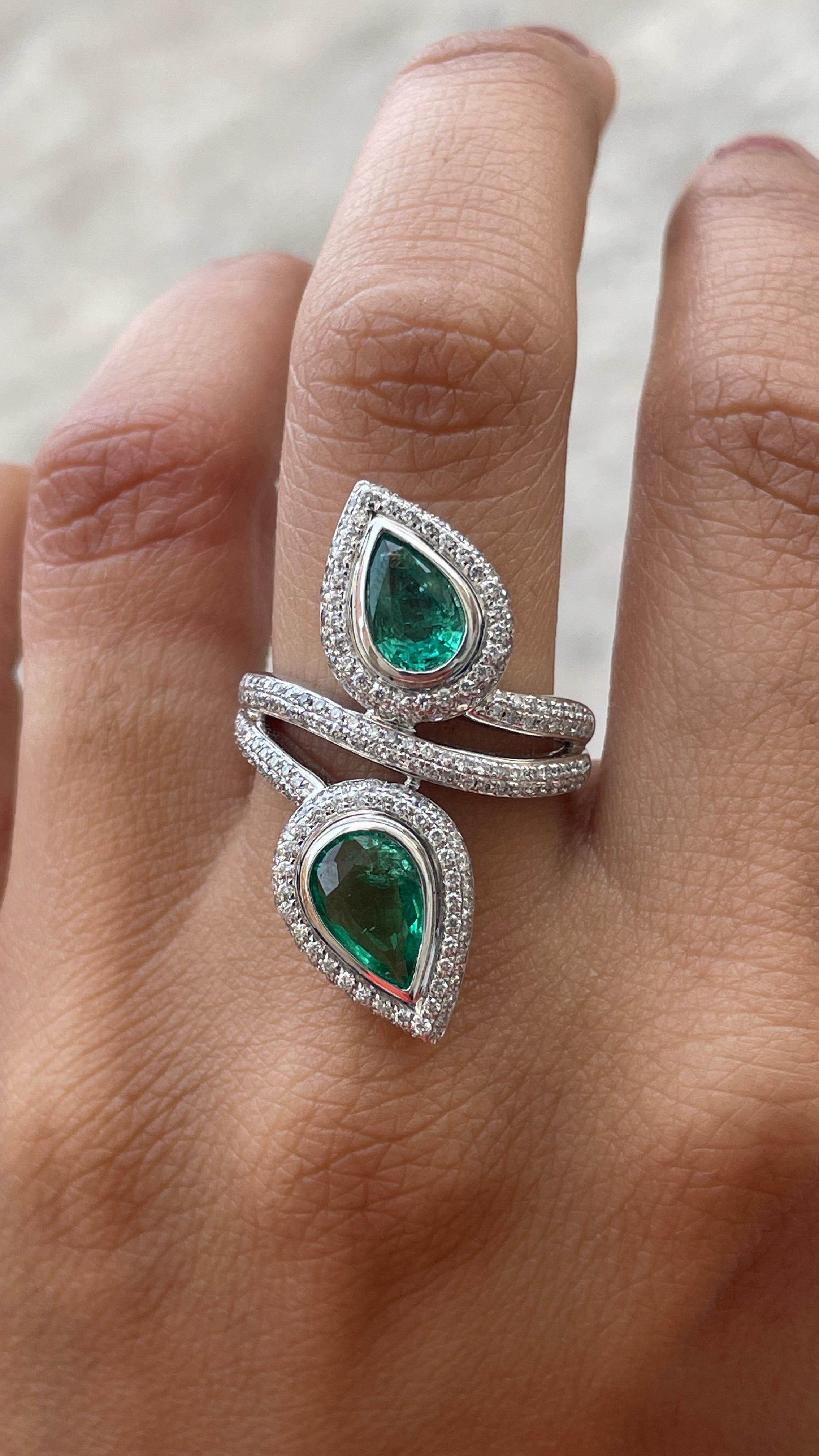 For Sale:  Pear Cut Emerald Cocktail Ring with Diamonds in 14K Solid White Gold 8