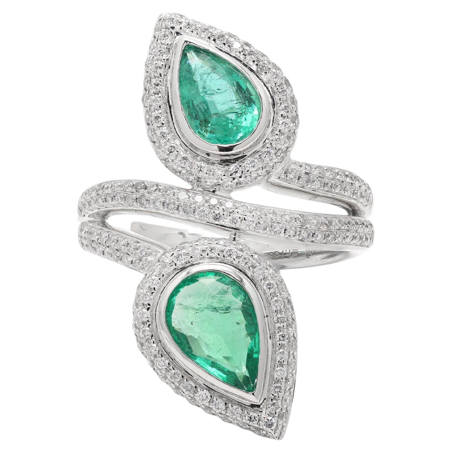 For Sale:  Pear Cut Emerald Cocktail Ring with Diamonds in 14K Solid White Gold