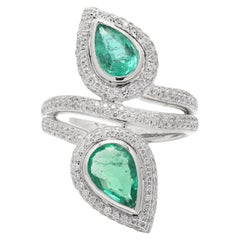 Pear Cut Emerald Cocktail Ring with Diamonds in 14K Solid White Gold