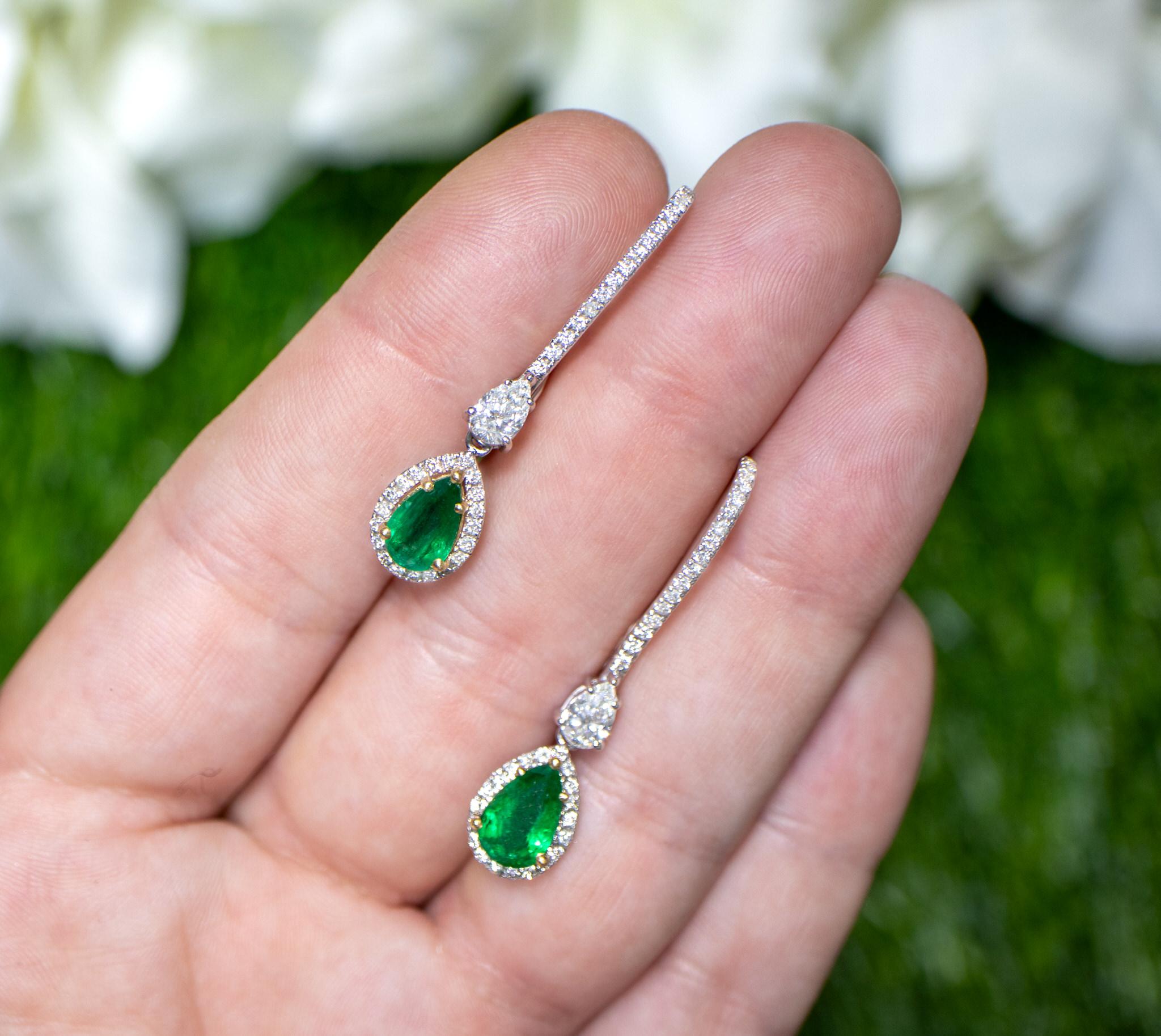 Pear Cut Emerald Dangle Earrings Set with Diamonds 4.64 Carats 18K Gold In Excellent Condition For Sale In Laguna Niguel, CA