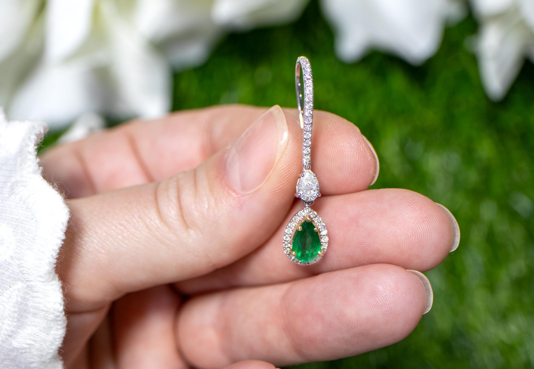 Women's Pear Cut Emerald Dangle Earrings Set with Diamonds 4.64 Carats 18K Gold For Sale