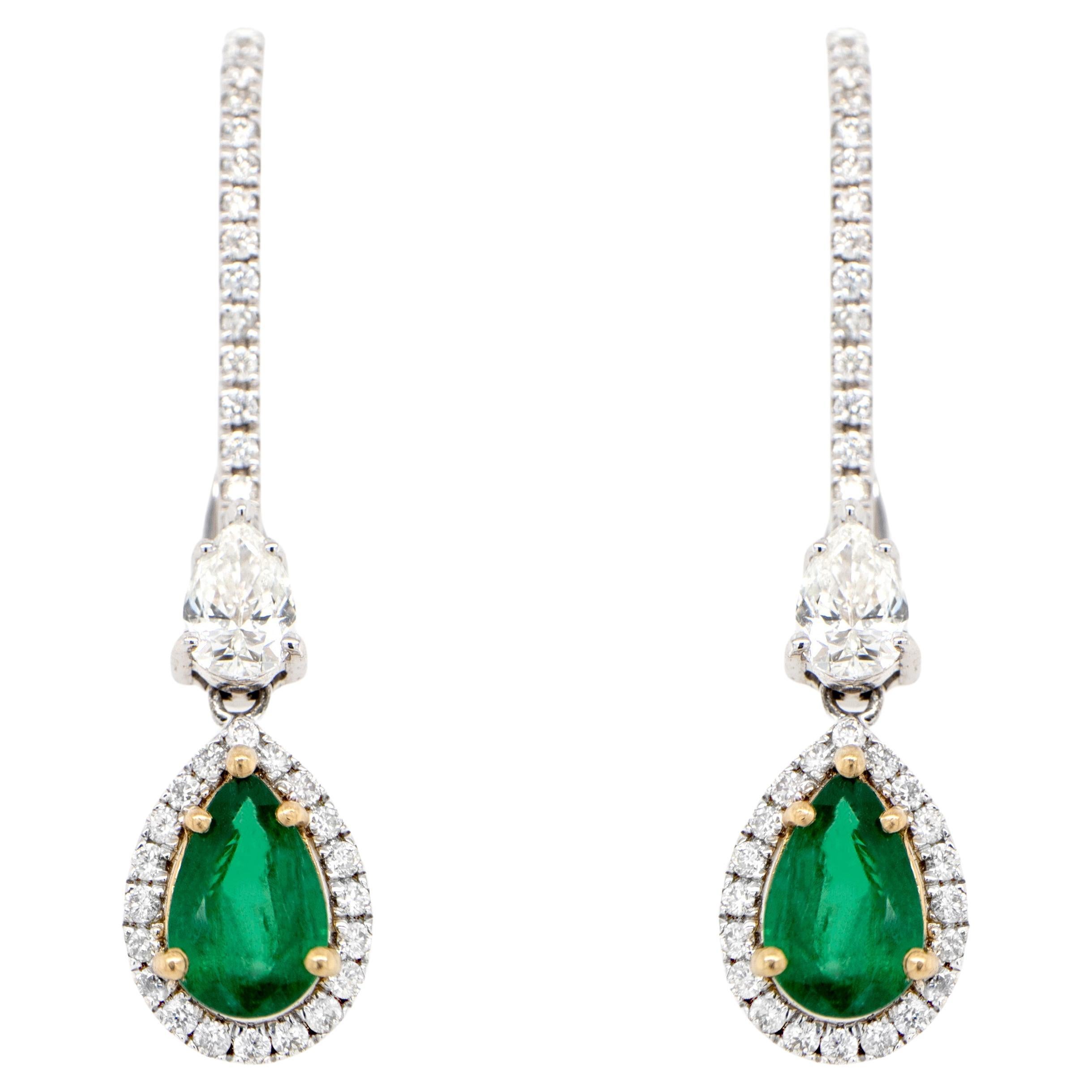 Pear Cut Emerald Dangle Earrings Set with Diamonds 4.64 Carats 18K Gold For Sale