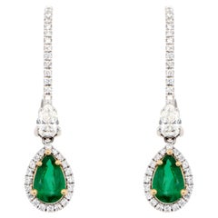 Pear Cut Emerald Dangle Earrings Set with Diamonds 4.64 Carats 18K Gold