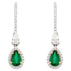 Pear Cut Emerald Dangle Earrings Set with Diamonds 4.64 Carats 18K Gold