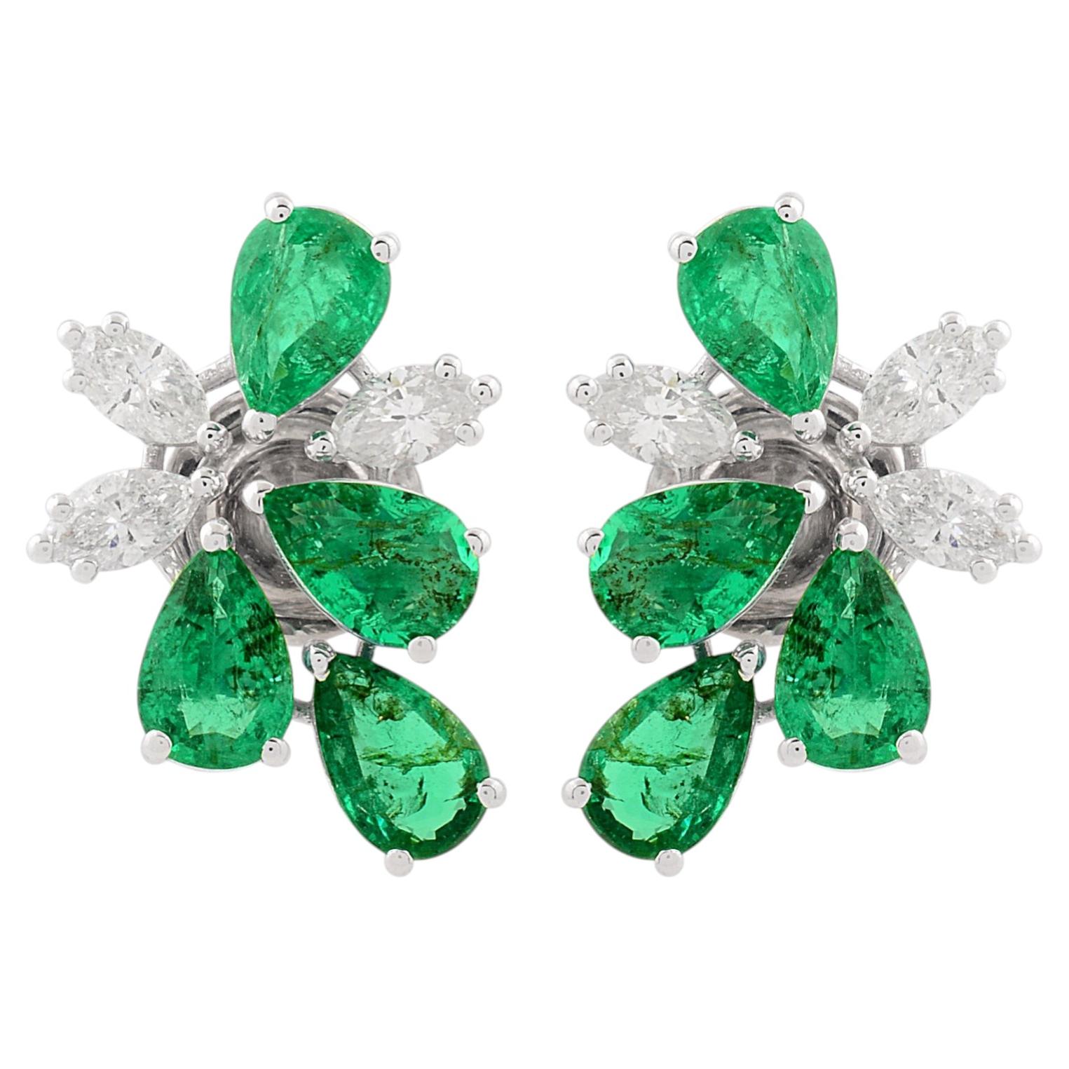 Pear Cut Zambian Emerald Diamond Cluster Stud Earrings 14 Karat White Gold