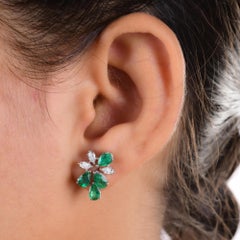 Pear Cut Zambian Emerald Diamond Cluster Stud Earrings 18 Karat White Gold