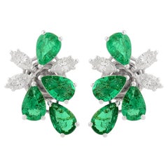 Pear Cut Zambian Emerald Diamond Cluster Stud Earrings 18 Karat White Gold