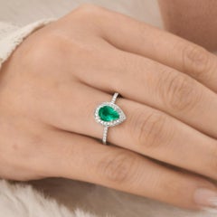 Pear Cut Zambian Emerald Diamond Halo Wedding Ring 18 Karat White Gold