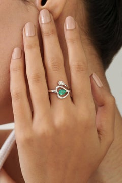 Pear Cut Emerald & Diamond Heart Halo Bypass Ring in 14K White Gold