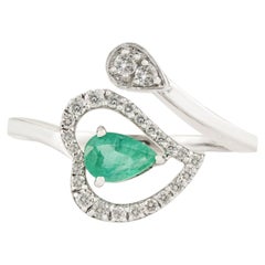 Pear Cut Emerald & Diamond Heart Halo Bypass Ring in 14K White Gold