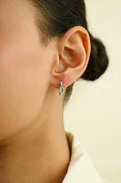 Pear Cut Emerald & Diamond Huggie Hoop Earrings in 14K White Gold Fine Jewelry