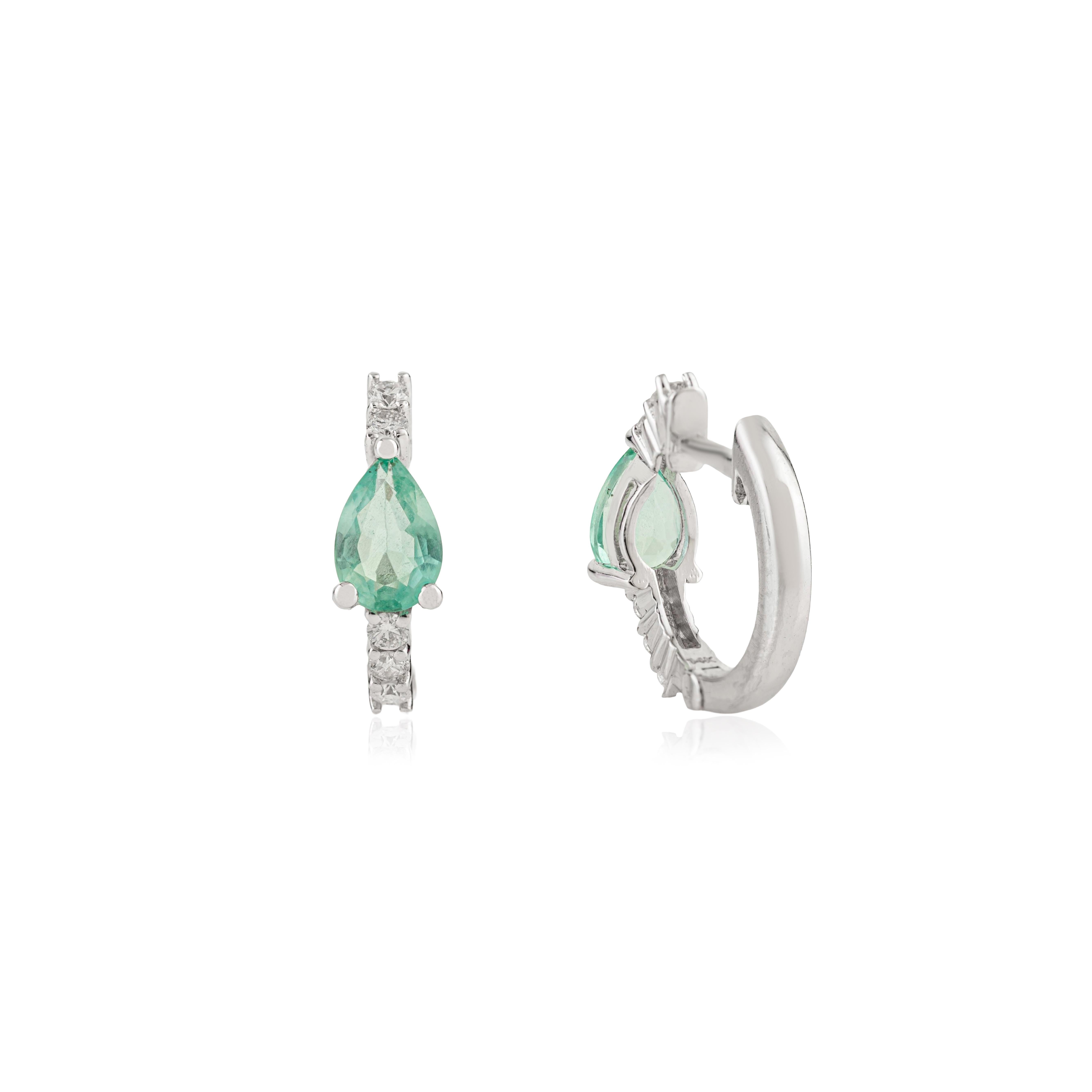 Pear Cut Emerald 
Diamond Huggie Hoop Earrings in 14K White Gold Fine Jewelry For Sale