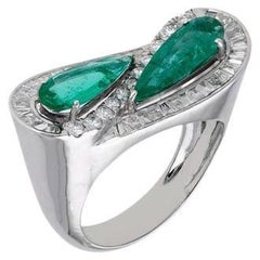 Pear cut emerald diamond ring 18k solid white gold  Diamond baguette gold ring