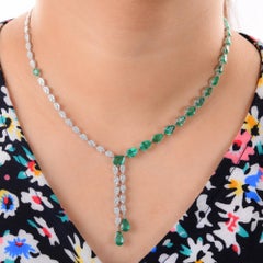 14k White Gold Pear Cut Emerald and Diamond Y-Shaped Bridal Necklace